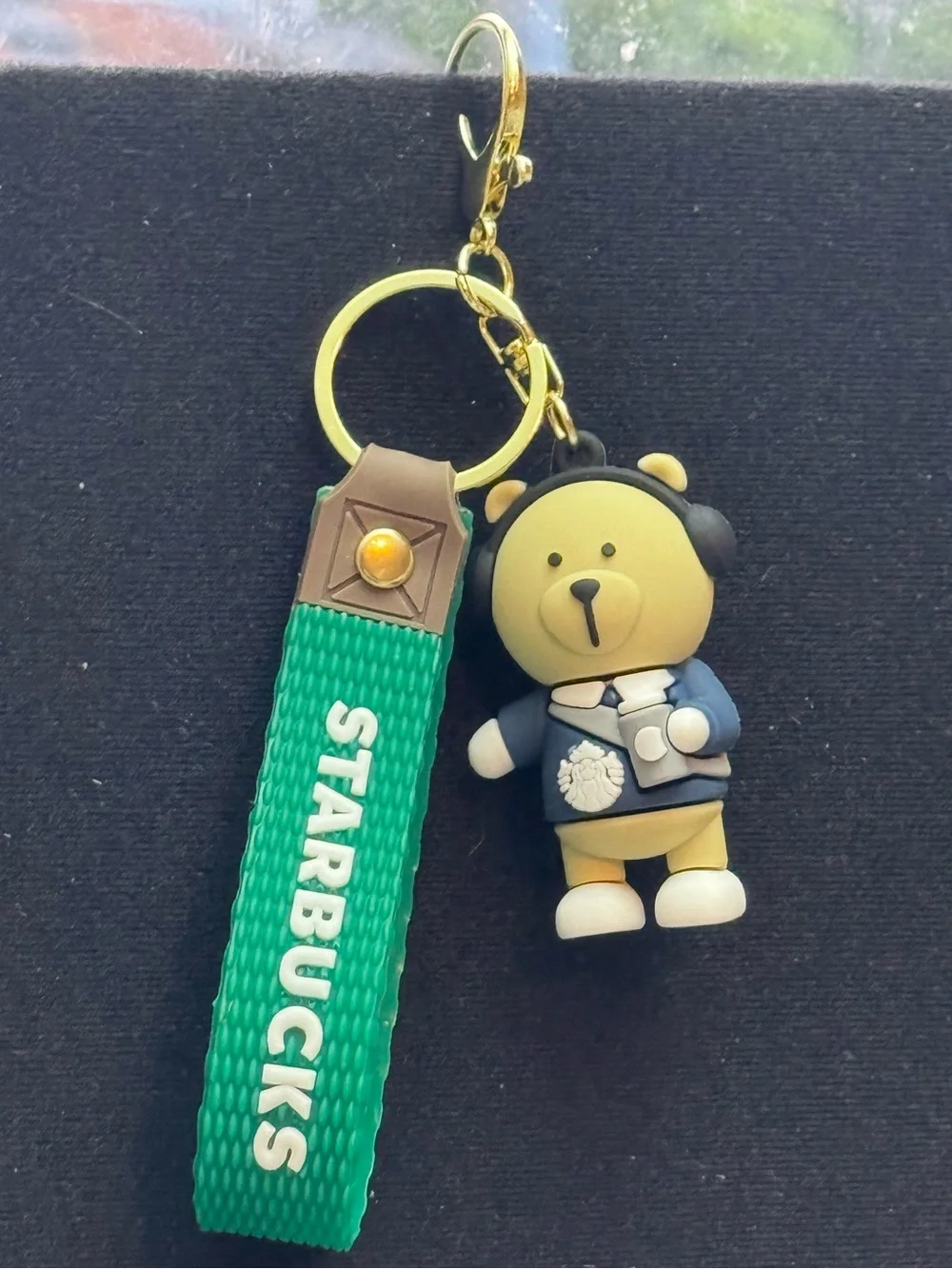 NWOT Blue Barista Bear Keychain with Green Logo Strap